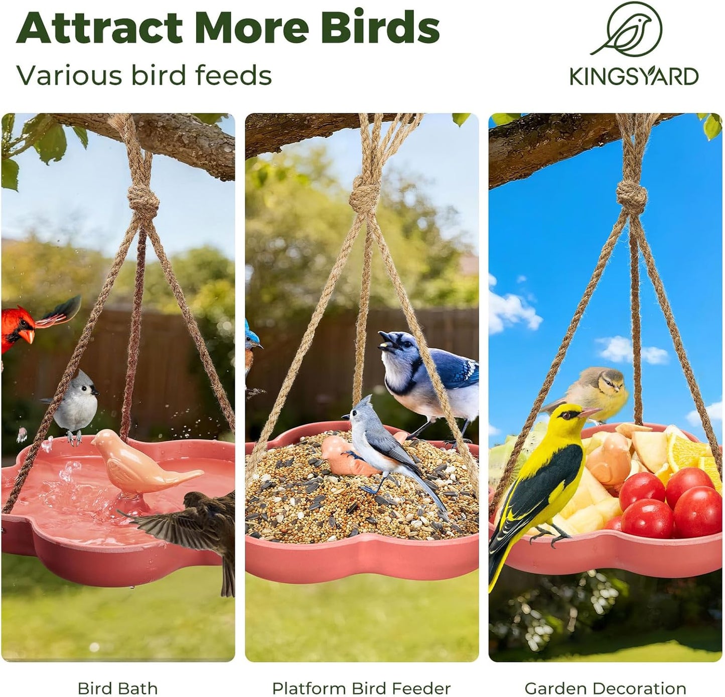 Kingsyard Hanging Bird Feeder and Bath for Outside, 9" Vintage Imitation Ceramic Platform Bird Feeder Tray for Outdoors, Heavy Water Bowl Birdbaths for Garden Patio Decoration Gifts, Orange