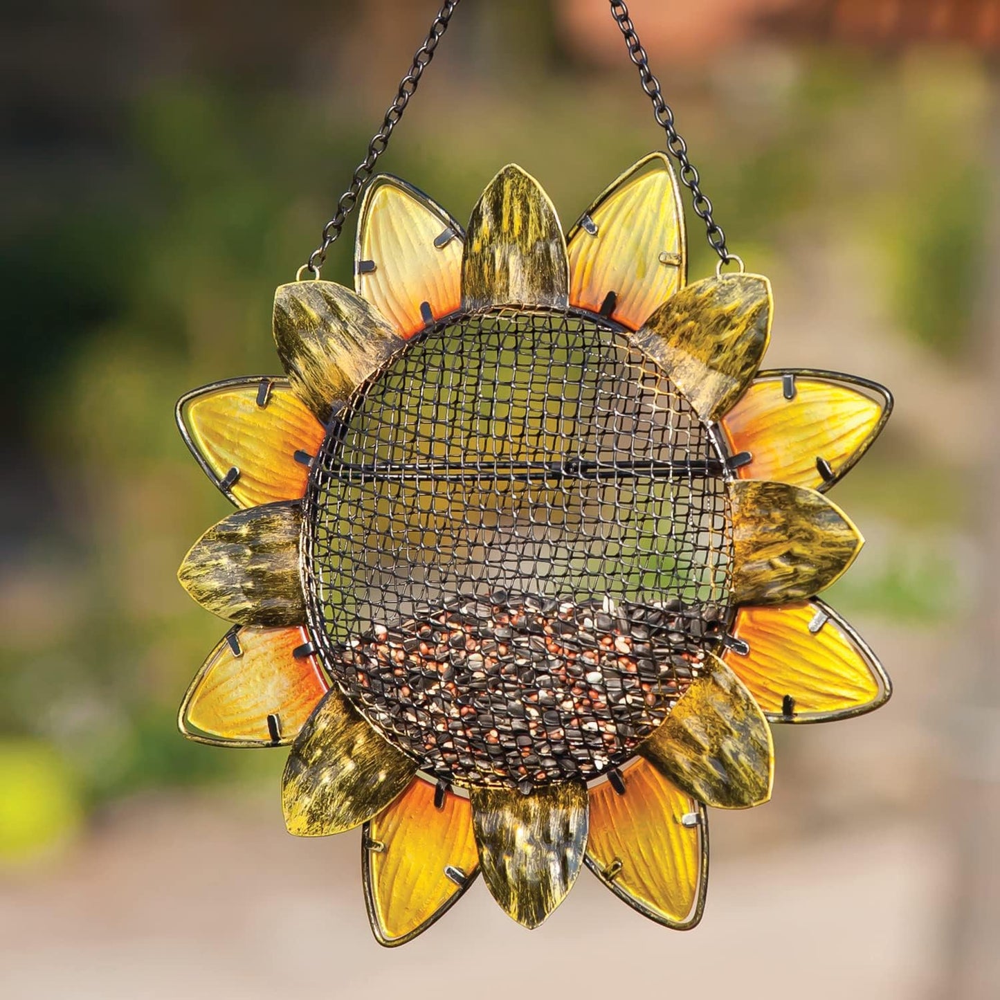 Evergreen Flag Sunflower Hanging Bird Feeder | 11 Inch Diameter | Chain Included | Easy to Fill | Outdoor Outside Garden | Squirrel Proof