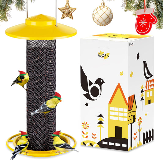 iBorn Finch Feeders for Outside,Thistle Bird Feeders for Outdoors Hanging,Nyjer Seed Feeder,Metal Mesh Tube Bird Feeder 13.5 Inch with 17cm Weatherproof Large Roof and Tray,2 LB Capacity,Yellow