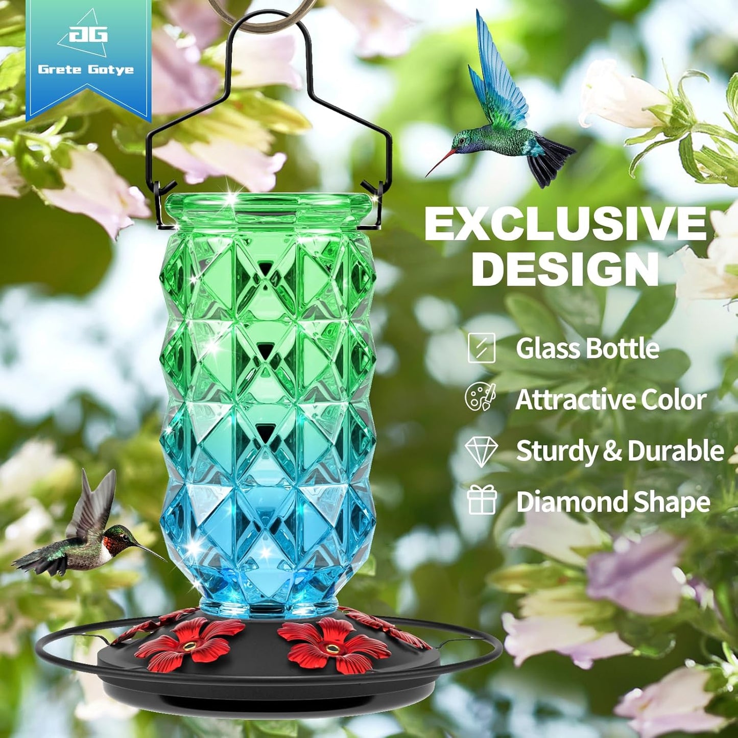 Glass Hummingbird Feeders for Outdoors, 25 Ounces Wild Bird Nectar Feeder with Perch & 5 Flower Feeding Ports Leak Proof Hanging for Garden Backyard Decor, Gifts for Women Mom, Green & Blue