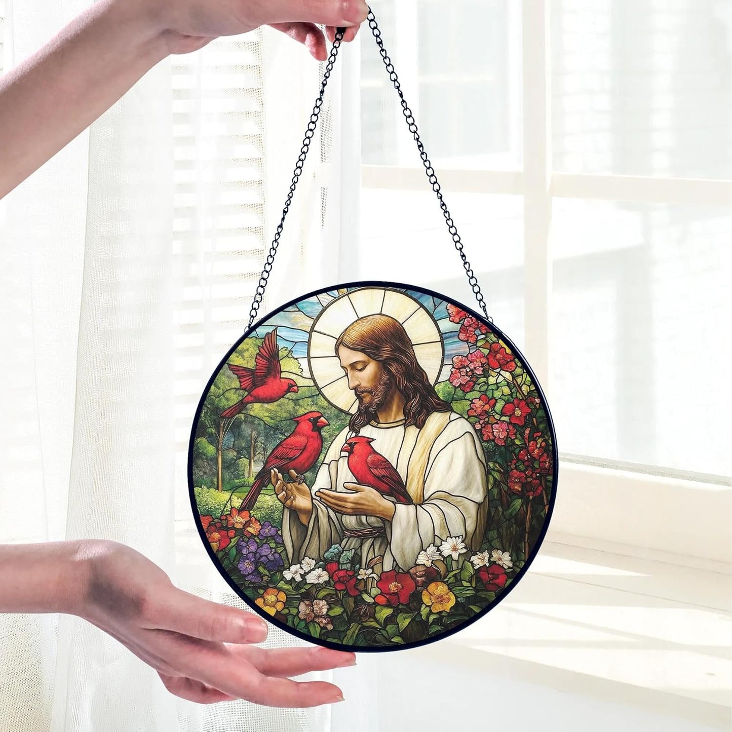 Christian Gifts for Women Faith Red Cardinals Window Hanging Suncatcher Stained Glass, Jesus & Cardinal Faith Home Decorations Jesus Gifts for Women of God Christmas Religious Catholic Gift For Memory
