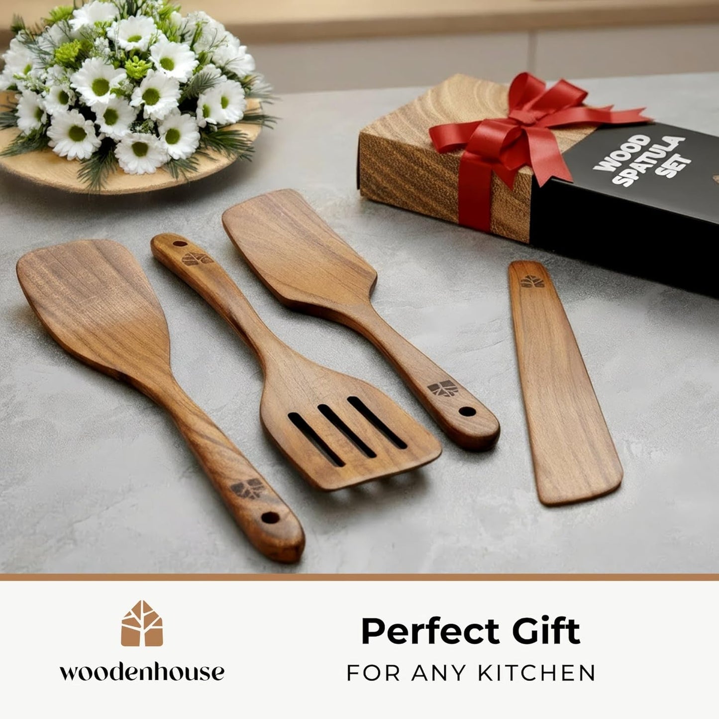 Woodenhouse Wooden Spatula for Cooking, Teak Spatulas for Kitchen Use - Wooden Cooking Utensils Set of 4 including Paddle, Turner, Slotted Spurtle and Wood Scraper. Nonstick cookware