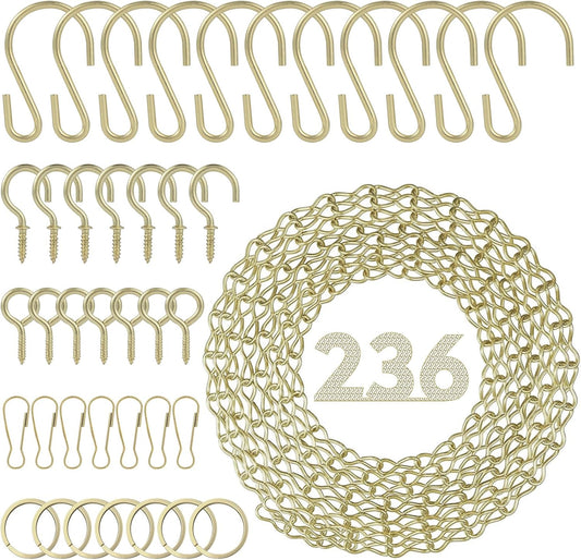 Metal Hanging Chain, 236 Inch Black Chains for Plants, 12×S Hooks, 12×Buckles, 12×Rings, 24×Screw Hooks for Bird Feeder, Planter, Wind Chimes (Gold)