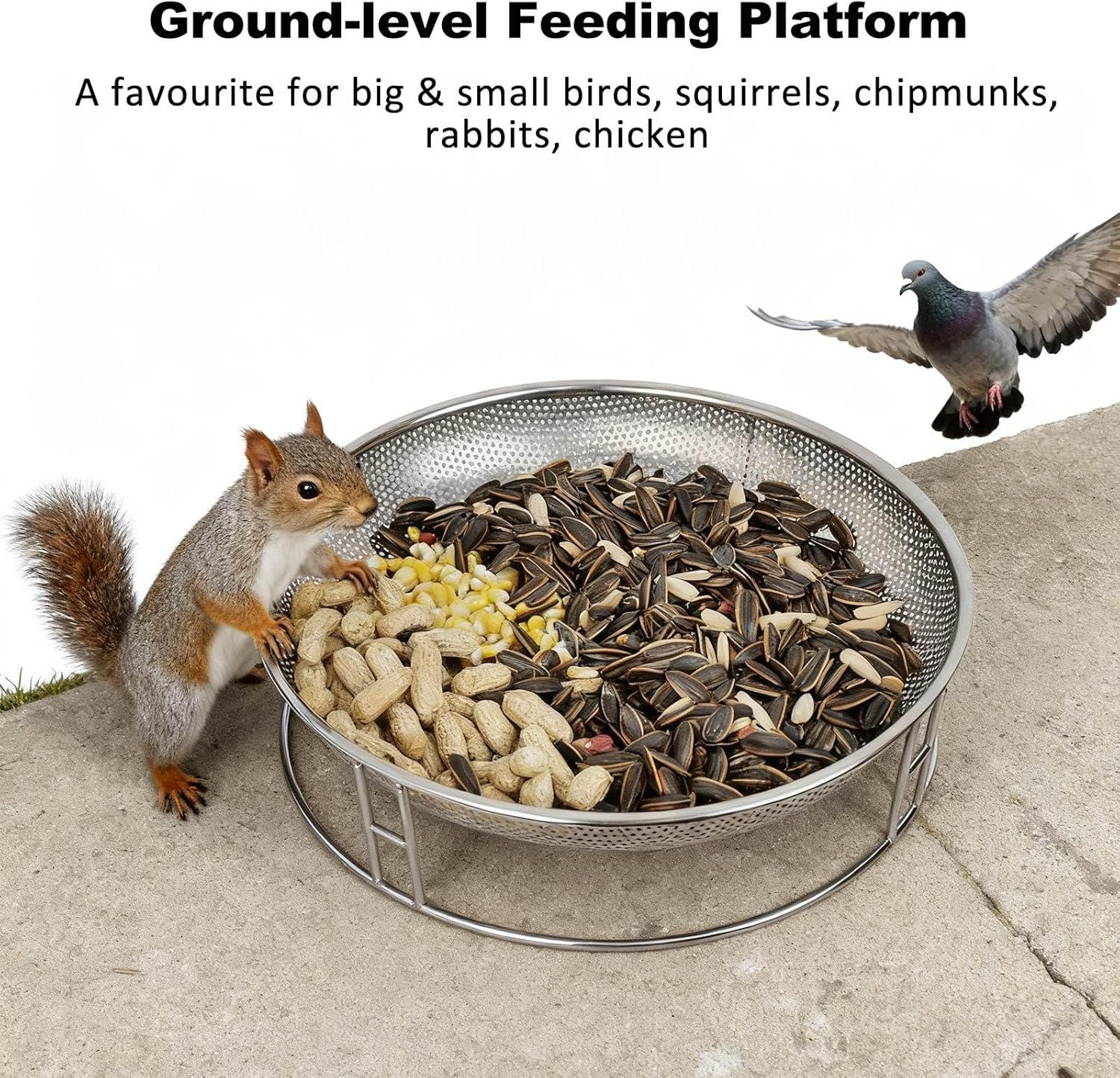 13-Inch Ground Bird Feeder, Stainless Steel Ground Feeding Platform fo