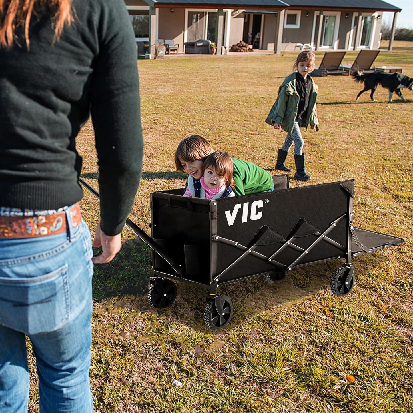 VIC Collapsible Folding Wagon Extra Long Extender Wagon Cart,Beach Wagons Cart Heavy Duty Foldable, Utility Grocery Car with Side Pocket for Camping Garden Sports, V1