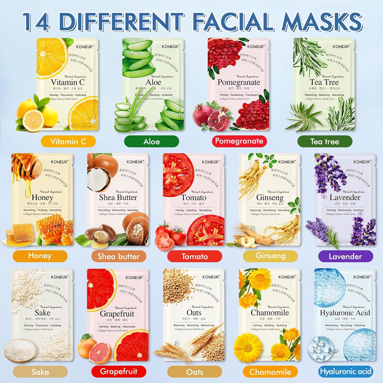 14 Pack Sheet Face Masks Skincare, Hydrating Face Masks Suitable for D