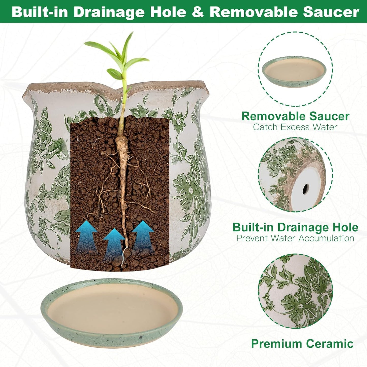 Ceramic-Planters-for-Indoor-Plants with Saucer, 6 inch Vintage Ice Cra
