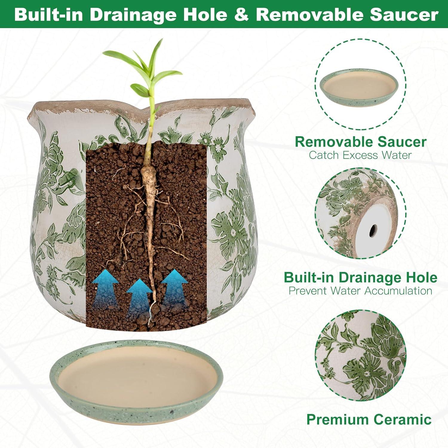 Ceramic-Planters-for-Indoor-Plants with Saucer, 6 inch Vintage Ice Cra