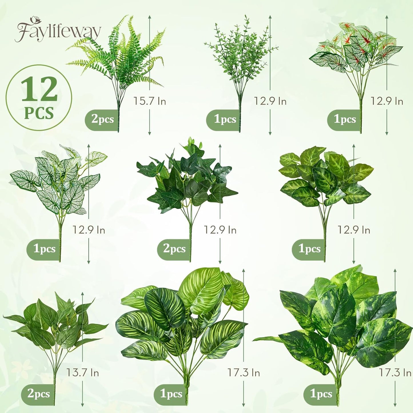 12 Bundles Artificial Plants Outdoor,UV Resistant Fake Greenery Stems with Large Shrubs Faux Plastic Plant for Outside Front Porch Planters Garden Window Box Patio Decor(Pot Not Included)