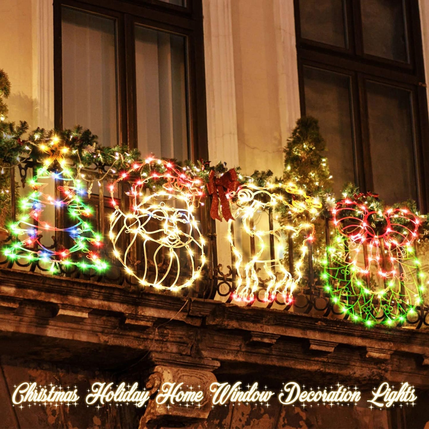 SANEIYA 16 Inch Christmas Window Silhouette Lights Decorations, 4 Pack Waterproof Window Hanging Lights Elk, Christmas Tree, Santa Claus, Wreaths for Party, Home Indoor Outdoor Wall - 200 Mini Bulbs