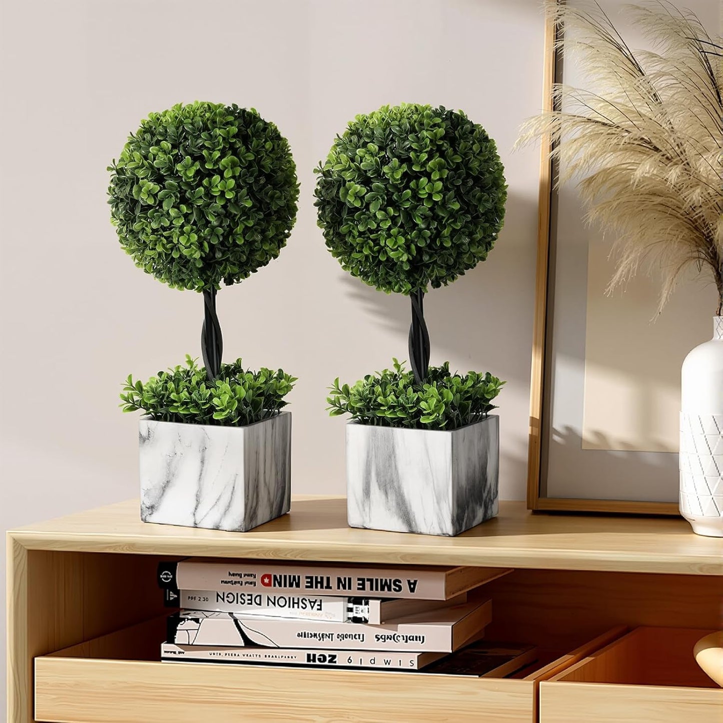 Lewondr 16'' Artificial Topiary Ball Tree, Small Potted Fake Plants, Artificial Boxwood Plants with White Planter Pot, Outdoor Indoor Realistic Faux Shrubs Tree for Home Office Porch Decor, Set of 2