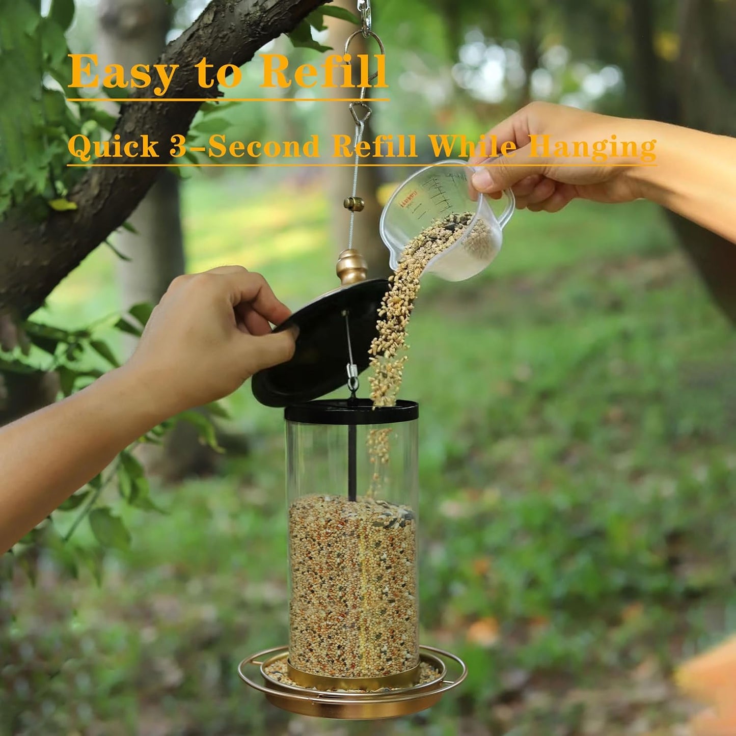 Bird Feeders for Outdoors,Hanging Bird Feeder with Locking Lid, Metal Birdfeeder 11.5 Inch with 17.5cm Weatherproof Large Roof&Tray,3 Feeding Perches,Copper,1 Pack
