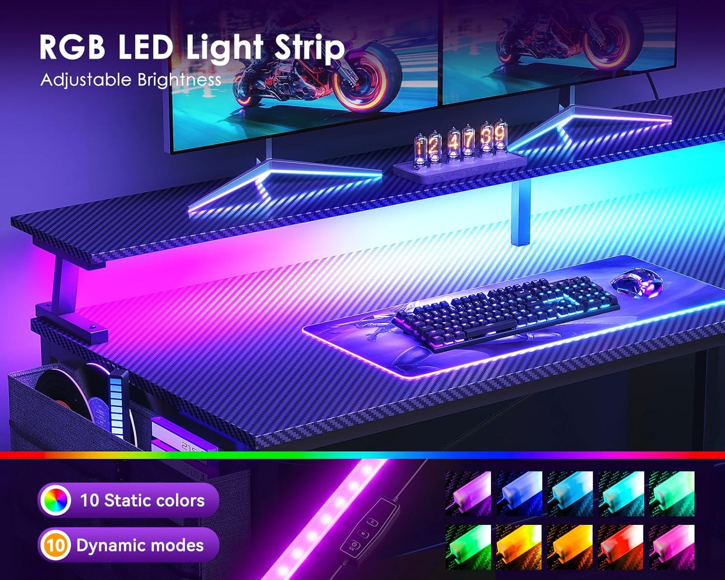 ODK 48 Inch Gaming Desk with USB Charging Ports and LED Lights, Revers