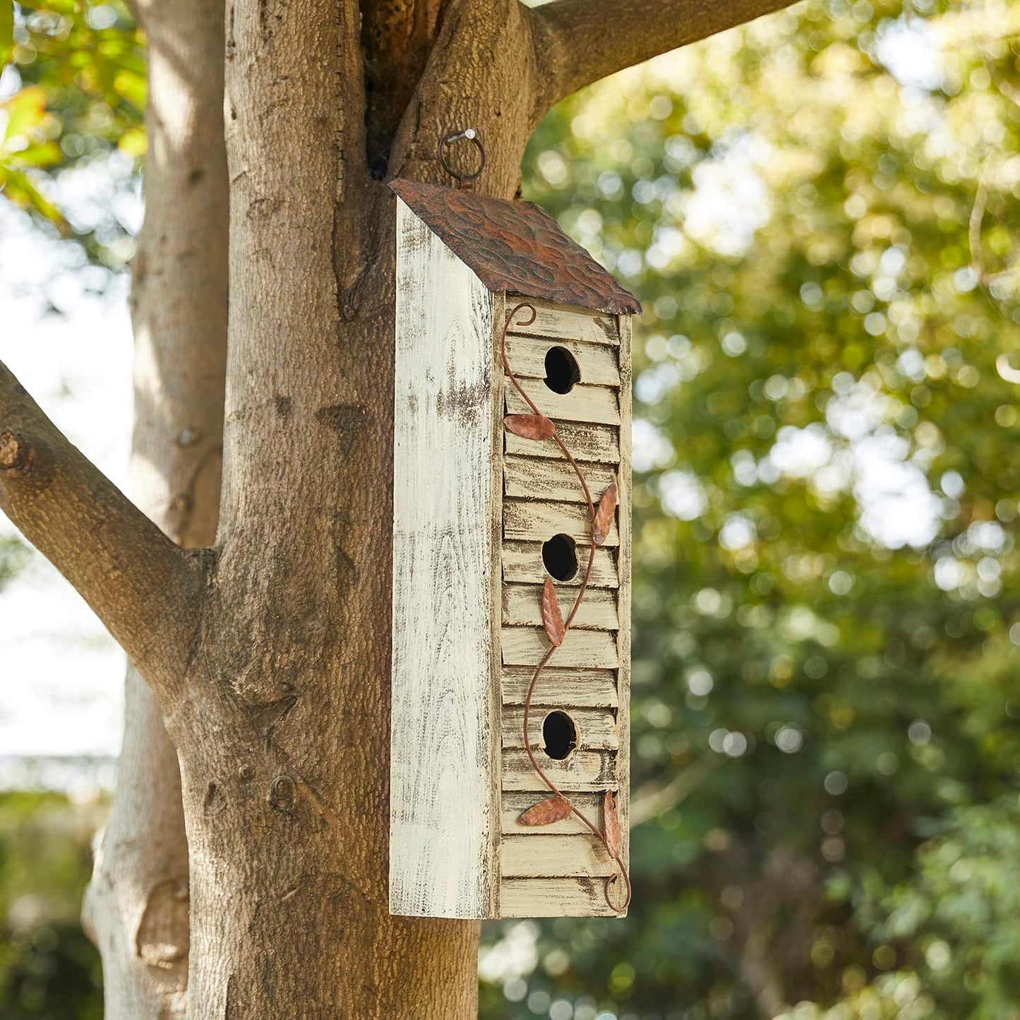 Glitzhome Bird Houses for Outside, 18" H Three-Story Solid Wood Cottage Decorative Garden Birdhouse Wooden Bird Houses with Shutter Texture Hanging Hanging Birdhouses for Outdoors,Washed White