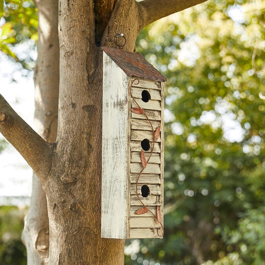 Glitzhome Bird Houses for Outside, 18" H Three-Story Solid Wood Cottage Decorative Garden Birdhouse Wooden Bird Houses with Shutter Texture Hanging Hanging Birdhouses for Outdoors,Washed White