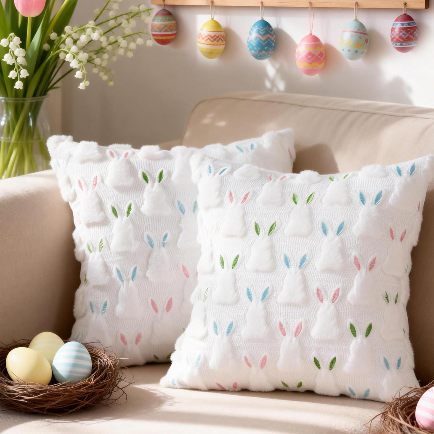 Easter Pillow Covers 18" x 18" Set of 2, Easter Decorations Cute Soft Plush Bunny Throw Pillow, Spring Farmhouse Decorations for Home Sofa Couch Living Room Bedroom