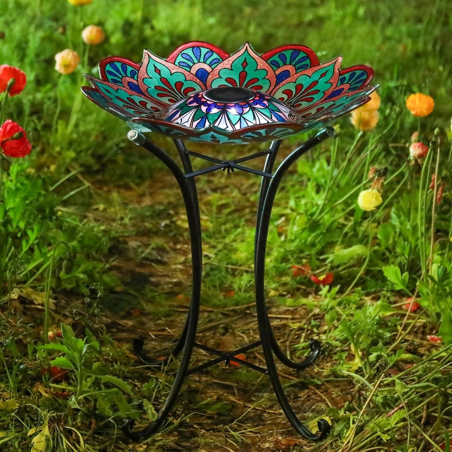 DREAM GARDEN Bird Bath for Outside, Glass Solar Birdbath with Foldable Metal Stand for Garden Yard Patio Lawn Decor, 21 Inch Height
