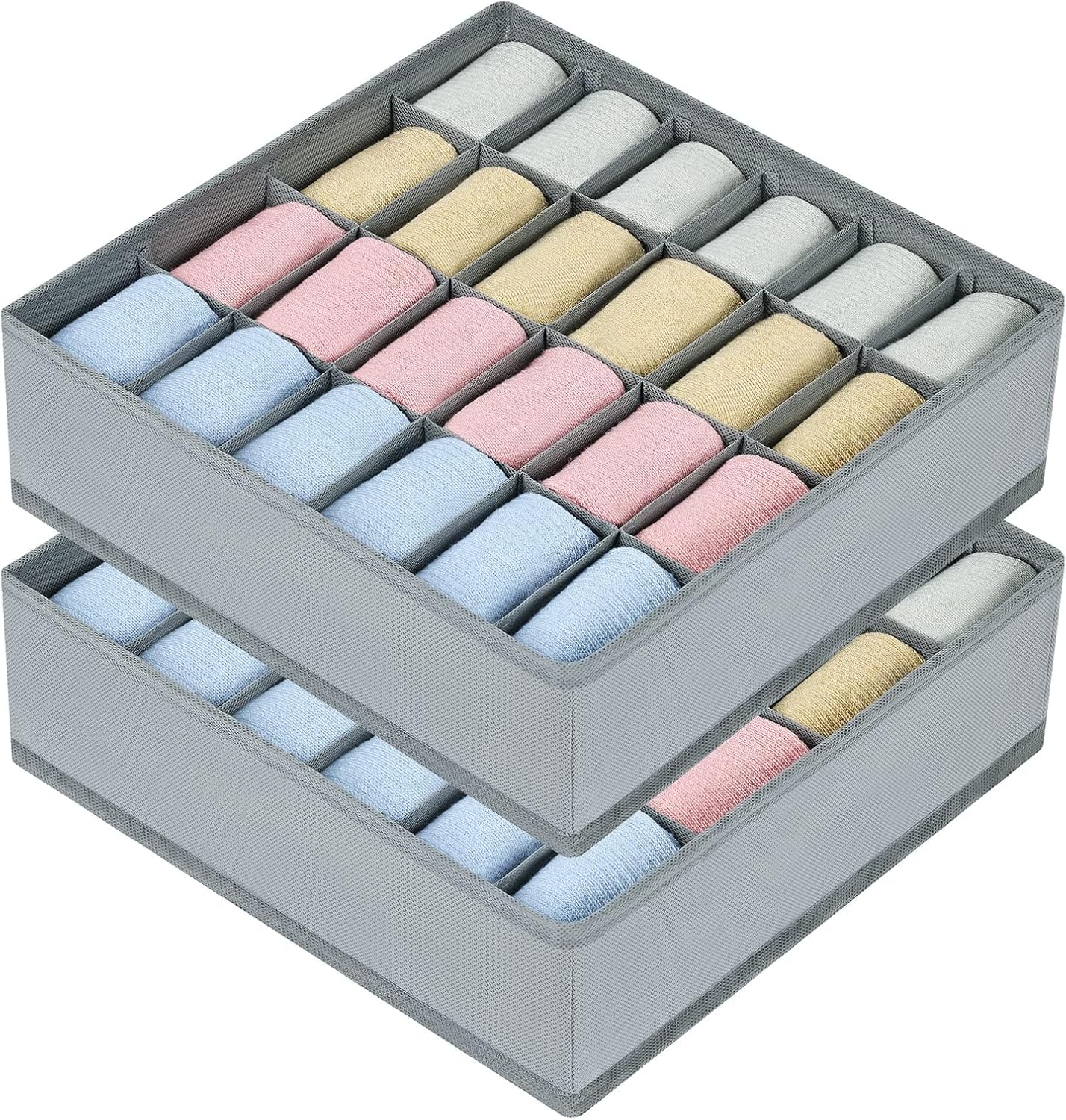 Joyoldelf Sock Drawer Organizer Divider 2 Packs Underwear Organizer, 24 Cell Closet Organizers and Storage Organizer Sock Holders Organizers for Storing Socks, Handkerchiefs, Ties, Belts (Grey)