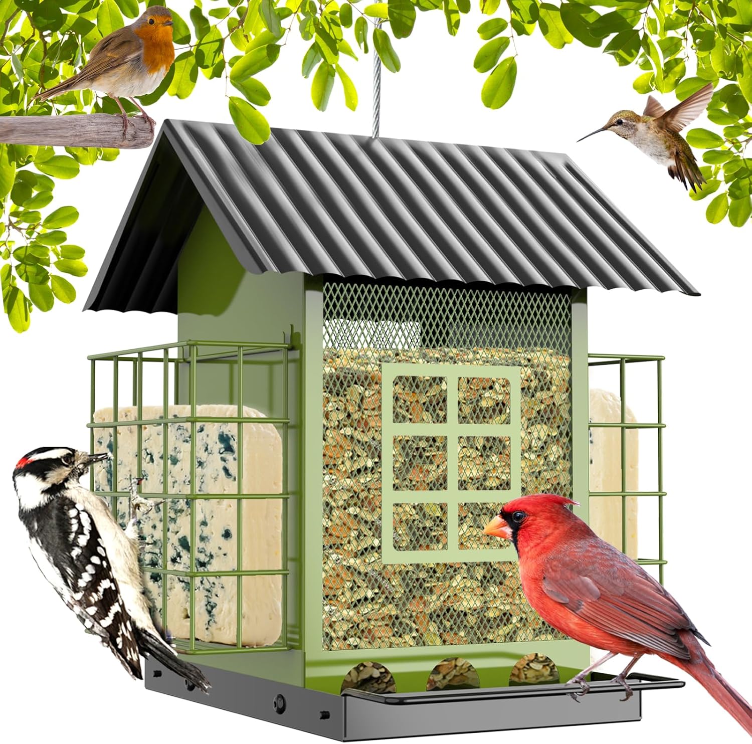 Bird Feeders for Outdoors Hanging, Metal Bird Feeder with Double Suet 