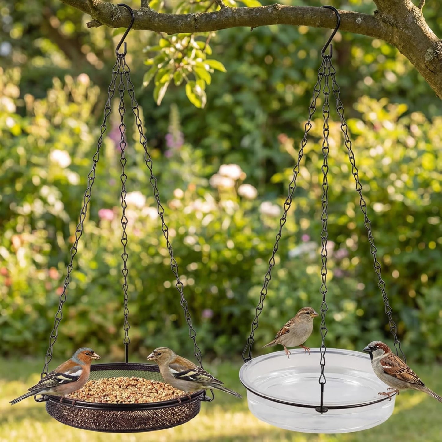 Birdfeeders Outside Hanging, 2-in-1 Metal Birdfeeder & Birdbath Wild Bird Feeder with Mesh Tray and Water Bowl for Garden, Patio, Or Yard, Decoración al aire Libre