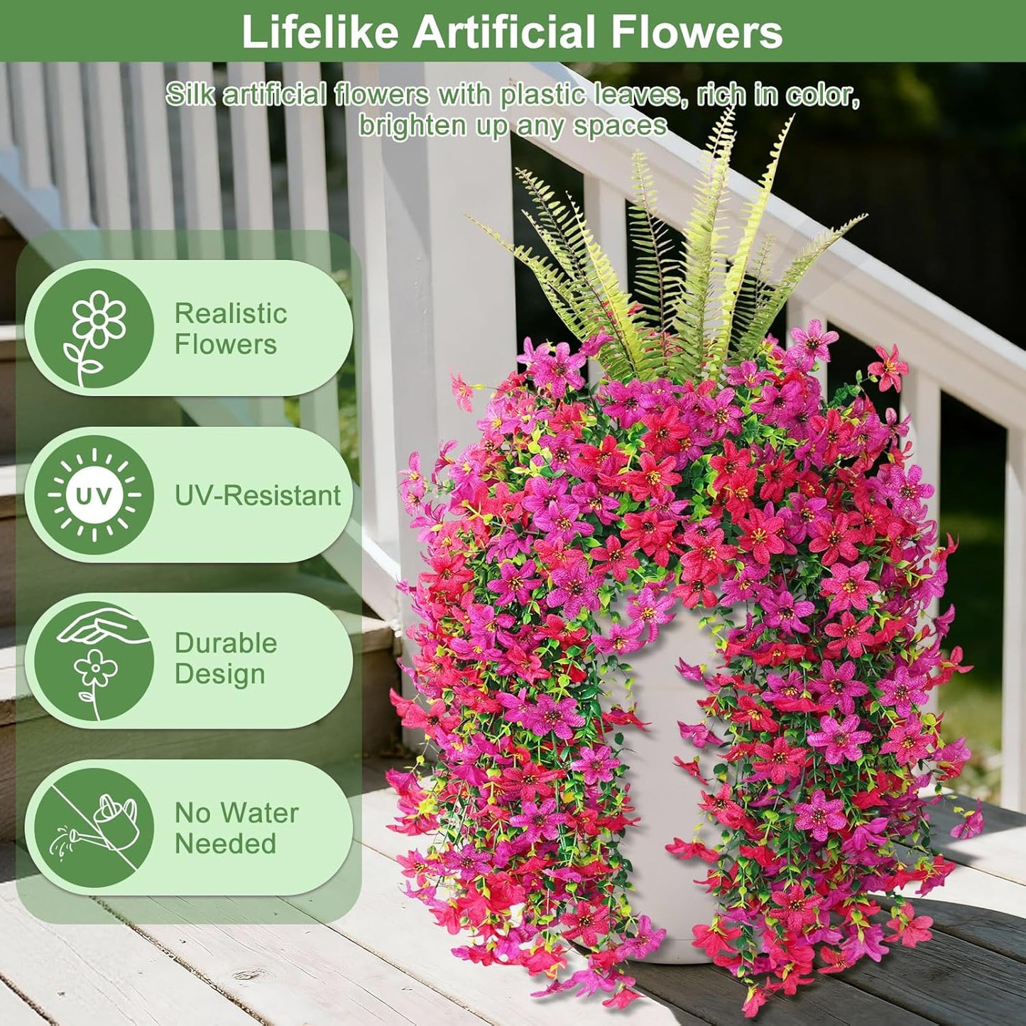 Artificial Fake Flowers Plants for Outdoor Decoration,3 Pcs Faux Hanging Flowers with Boston Ferns Spring Summer Decor,UV Resistant Realistic Fake Silk Flowers for Planter Balcony Yard Porch Garden