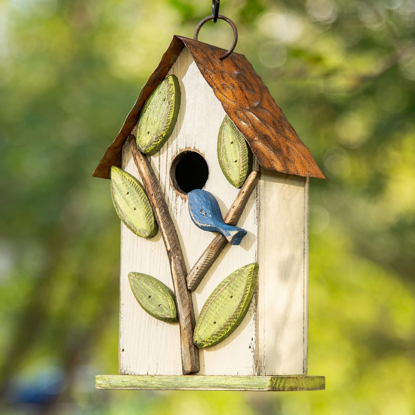 Glitzhome 9.7" H Hanging Birdhouse for Outdoor Patio Garden Decorative Pet Cottage Distressed Wooden Bird House for Finch Swallow Wren Chickadee, Leaves Rustic White