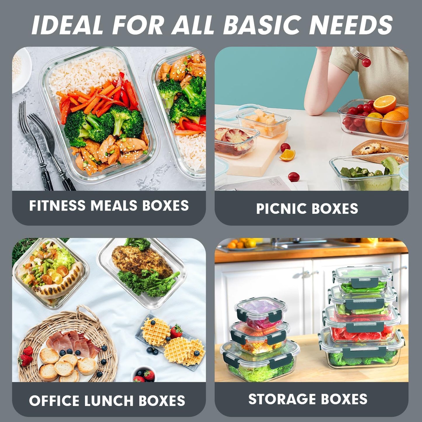 VERONES 30 Pieces Glass Meal Prep Containers Set, Stackable Glass Food