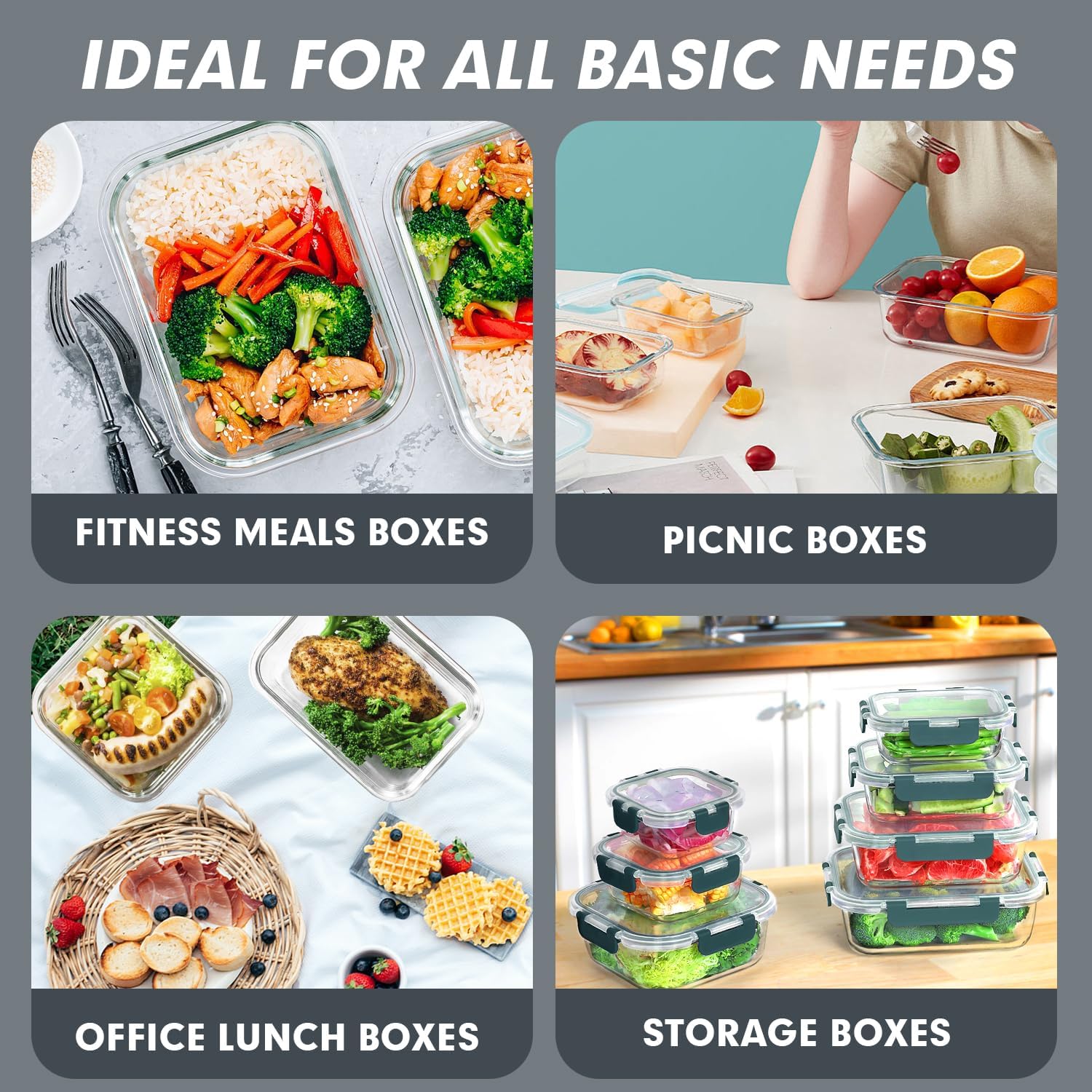 VERONES 30 Pieces Glass Meal Prep Containers Set, Stackable Glass Food