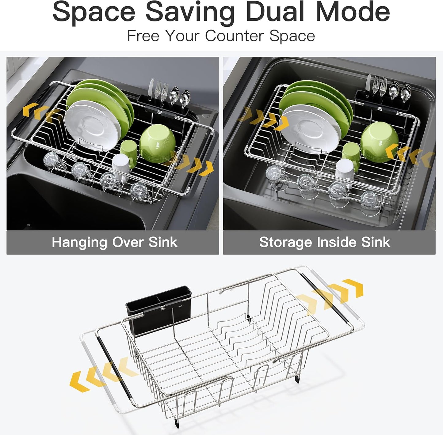 JASIWAY Dish Drying Rack in Sink, Expandable Stainless Steel Dish Drainers for Kitchen Counter, Dish Dryer Rack for Inside Sink, Over The Sink Dish Racks with Utensil Holder, Silver