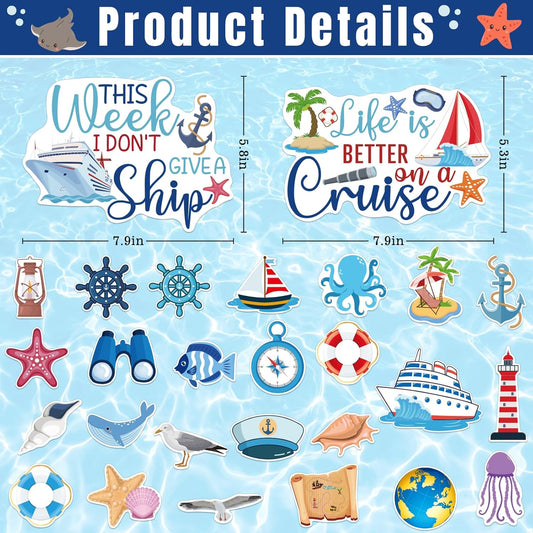 27PCS Cruise Door Decorations Magnetic, Large Nautical Ship Magnets Reusable Funny Carnival Cruise Cabin Magnets Stickers for Door Decorations Fridge Car Computer