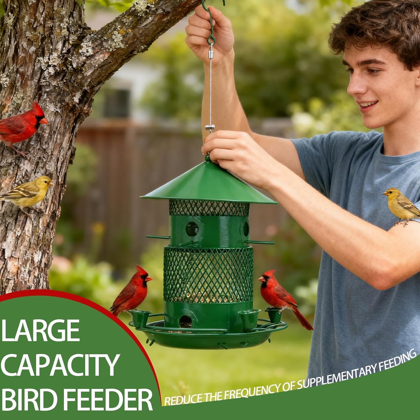 Outdoor Hanging Bird Feeder Metal Construction, Sturdy and Durable Large-Capacity Bird Feeder with Water Cup All-Season Outdoor Wild Bird Feeder Green Color (Green)