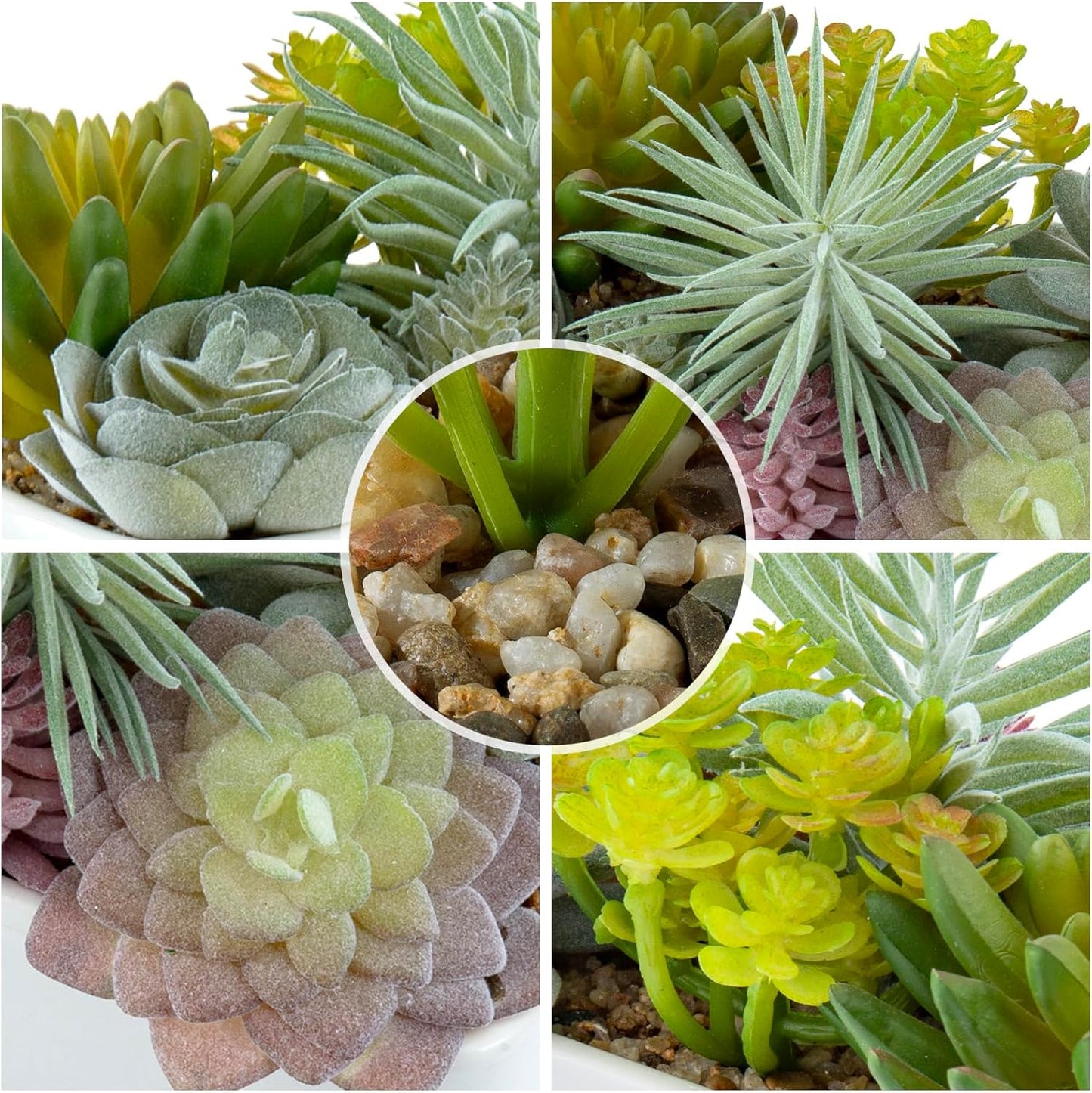 MyGift Assorted Artificial Succulent Plant Arrangement Potted in White Ceramic Planter Pot with Removable Bamboo Tray