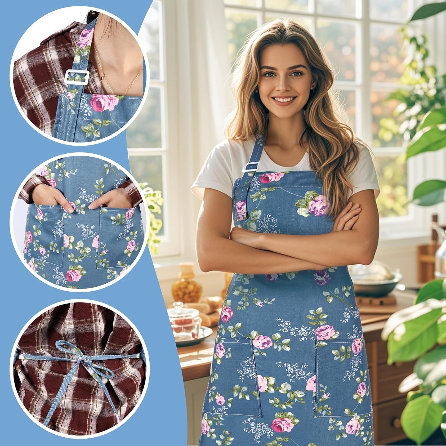 Apron for Women with Pockets, 3 Pcs Floral Print Canvas Apron with Adj