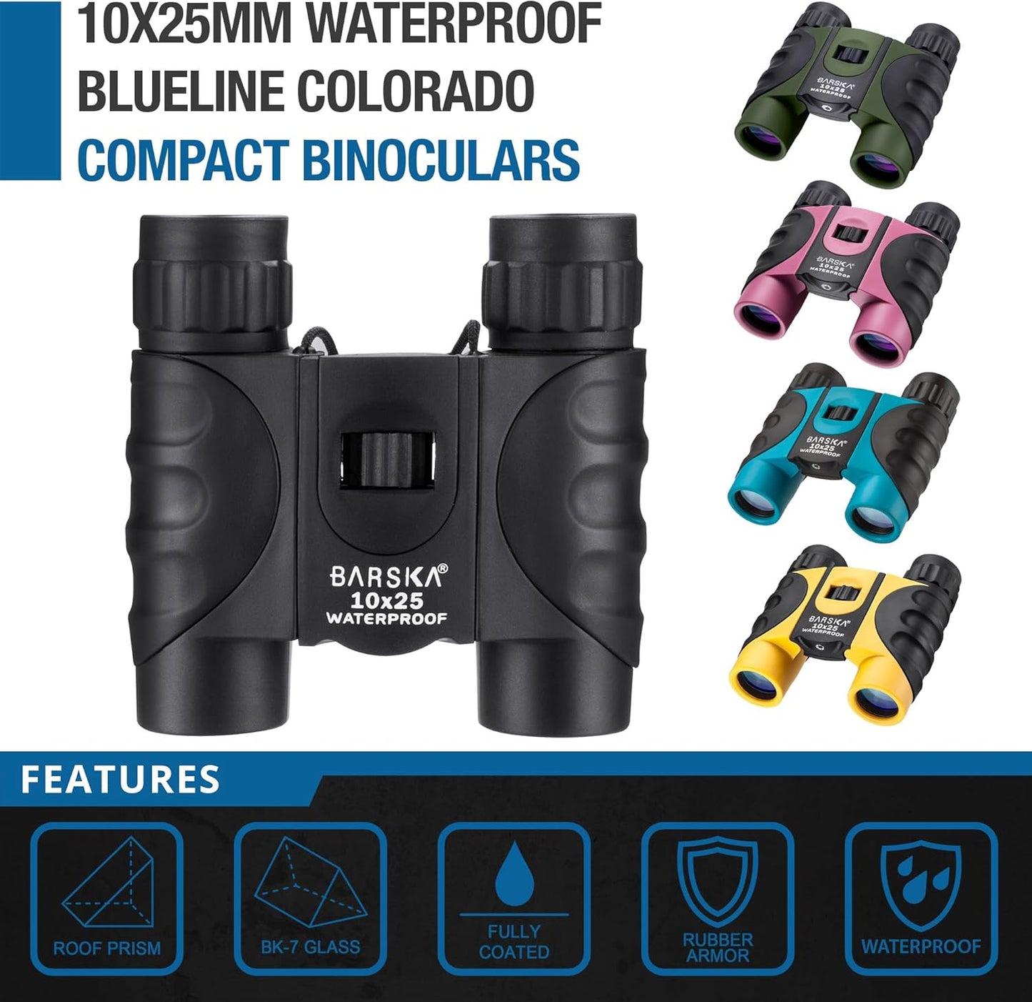 Barska 10x25 Waterproof Binoculars – Compact Blue Binoculars for Bird Watching, Hiking & Sightseeing – BK-7 Roof Prism, Fully Coated Optics, Fogproof, Rubber Armored