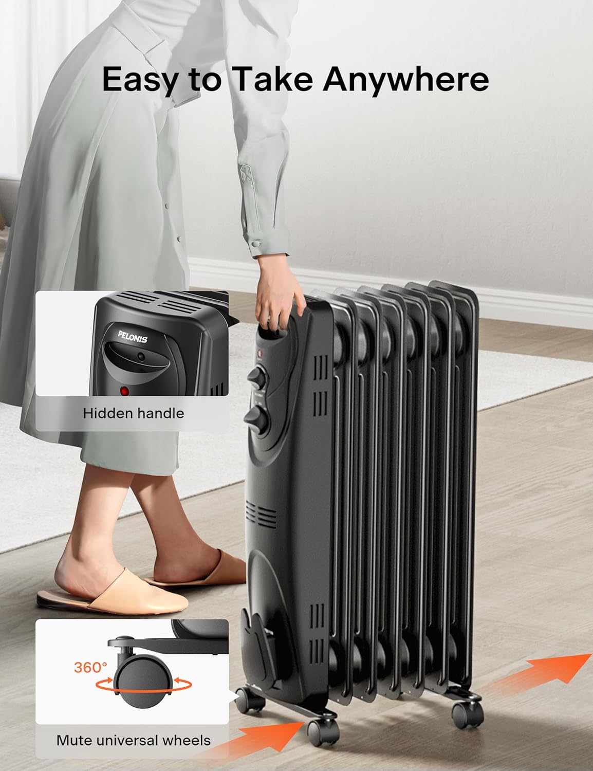PELONIS Radiator Heater for Large Space, Electric Oil Filled Radiator, Dual Knobs, 1500W, Quiet Space Heater, 3 Modes, Tip-over Protection