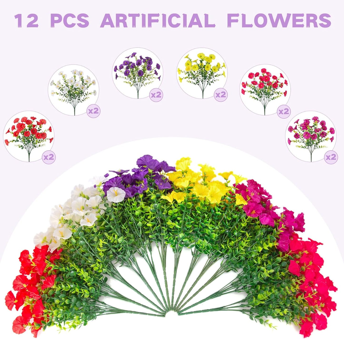 Artificial Flowers for Outdoors, 12 Bundles Fake Plastic Petunias Flower Plant, Faux UV Resistant Silk Morning Glory for Outside Planter Garden Front Porch Door Spring Summer Decor