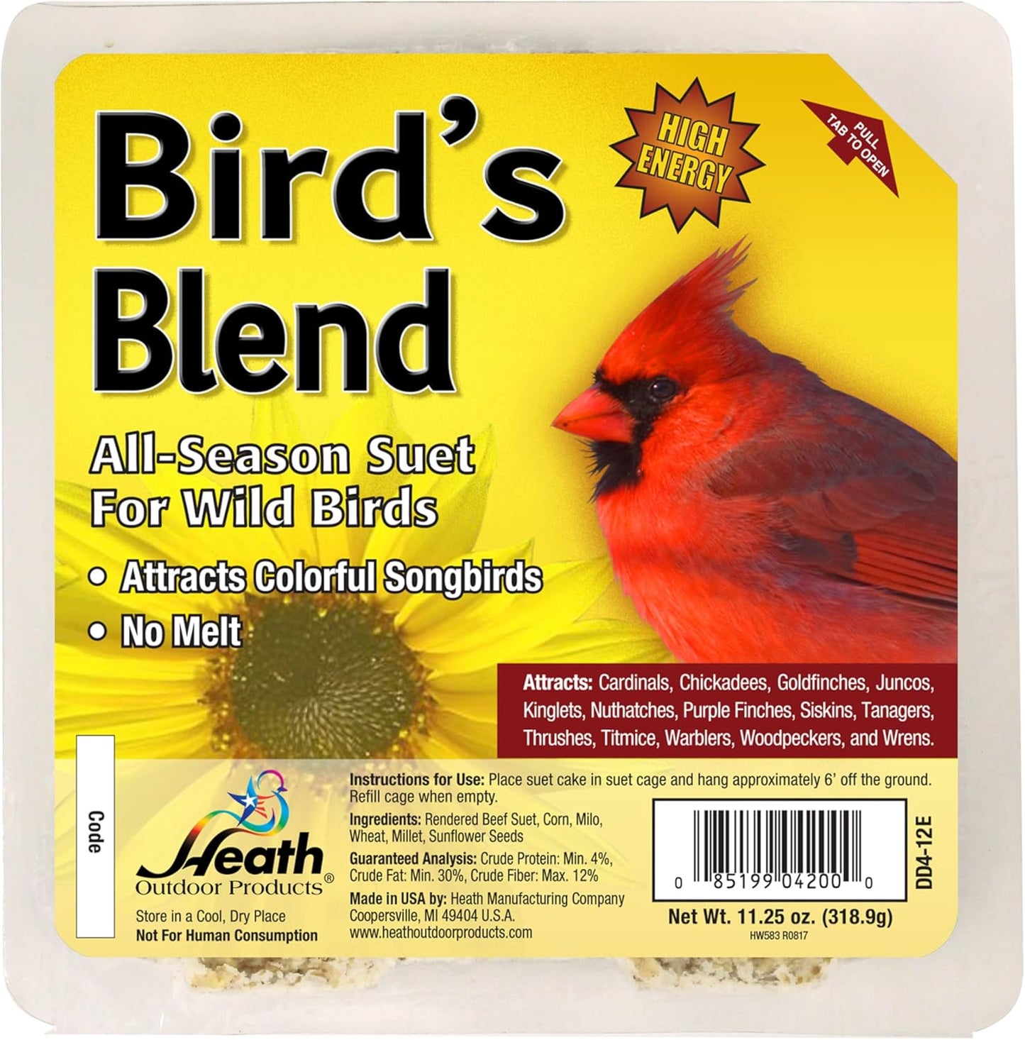 Heath Whimsical OWL Suet 'n Seed Bird Feeder for Sunflower Seeds with 2 Free Bird's Blend Suet Cakes Included