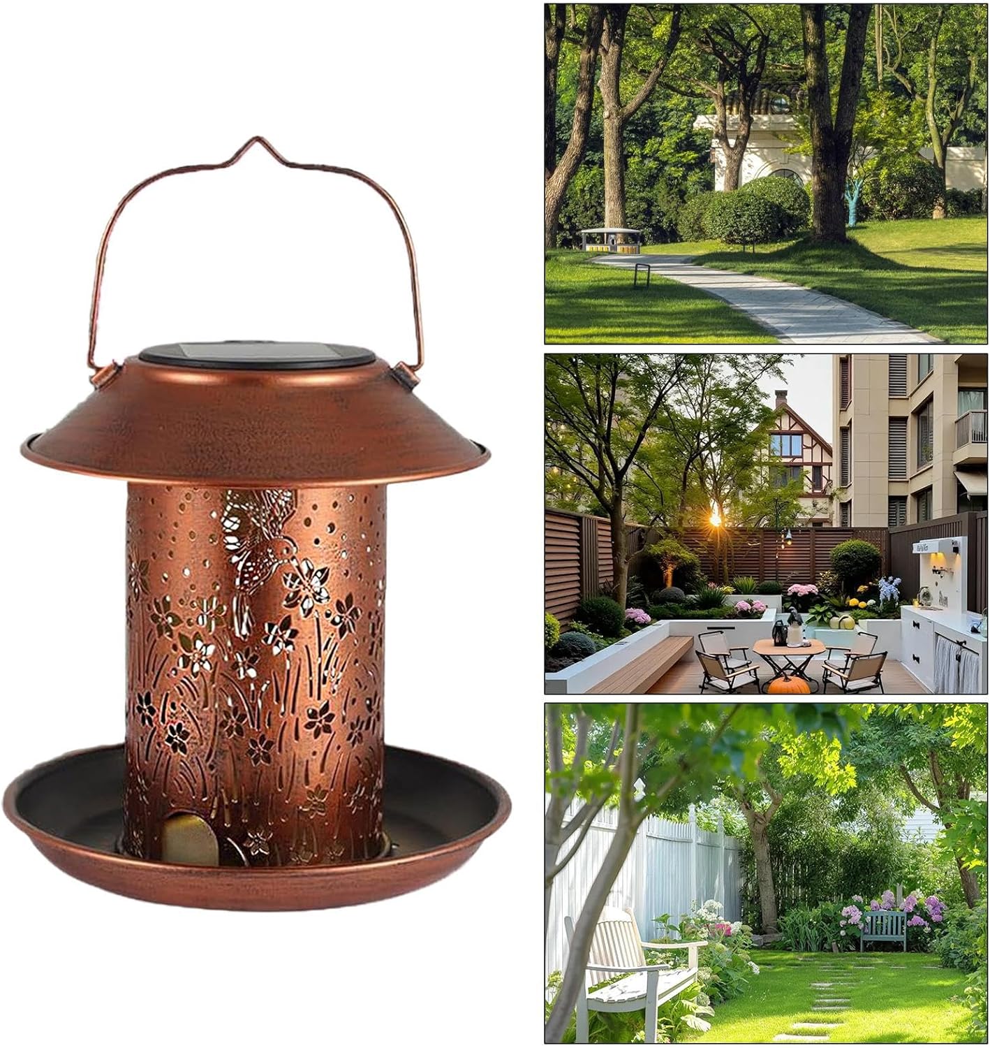 Solar Bird Feeder Lantern, Waterproof Metal Outdoor Feeder, Hollow Wil