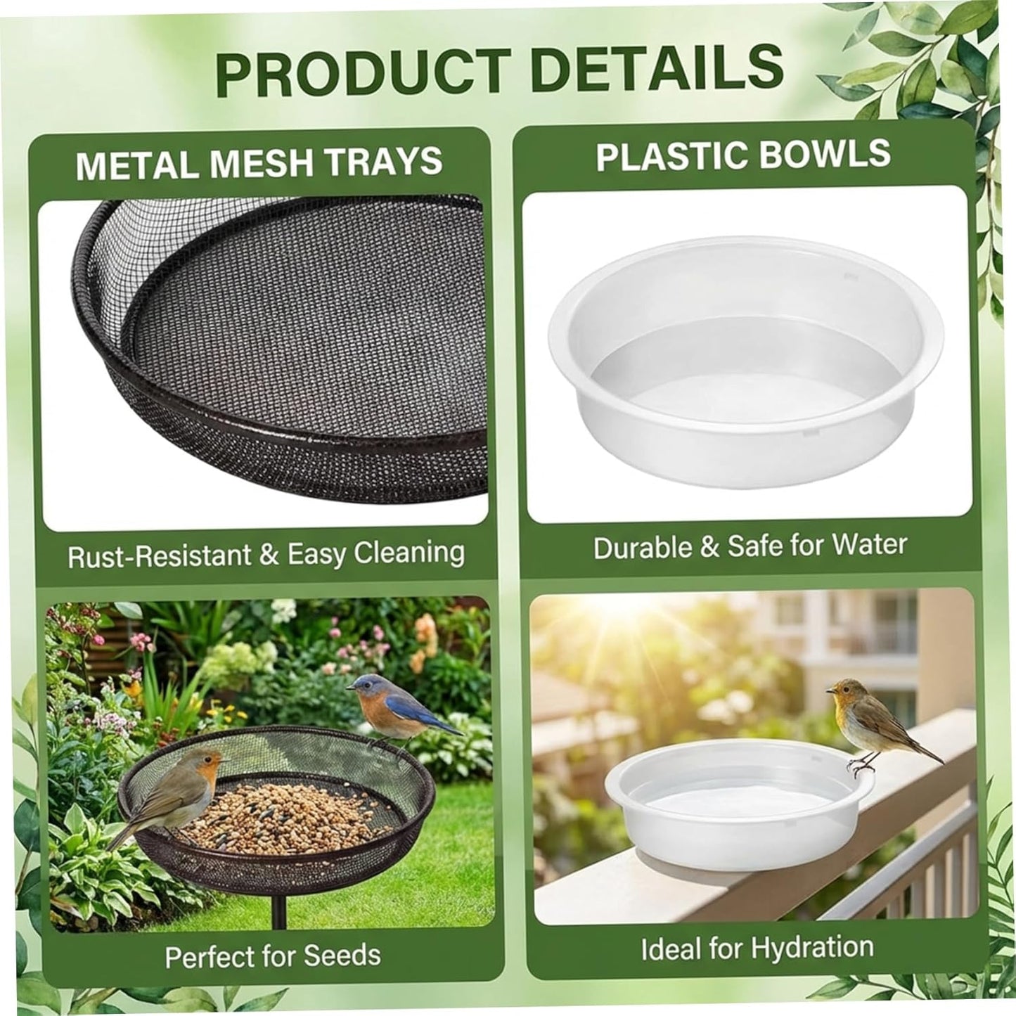 Bird Feeder Tray Hanging Birdfeeder & Birdbath 4PCS 2 Mesh Trays & 2 Water Bowls Feeder for Garden Outdoor Wild Bird Feeding Station.