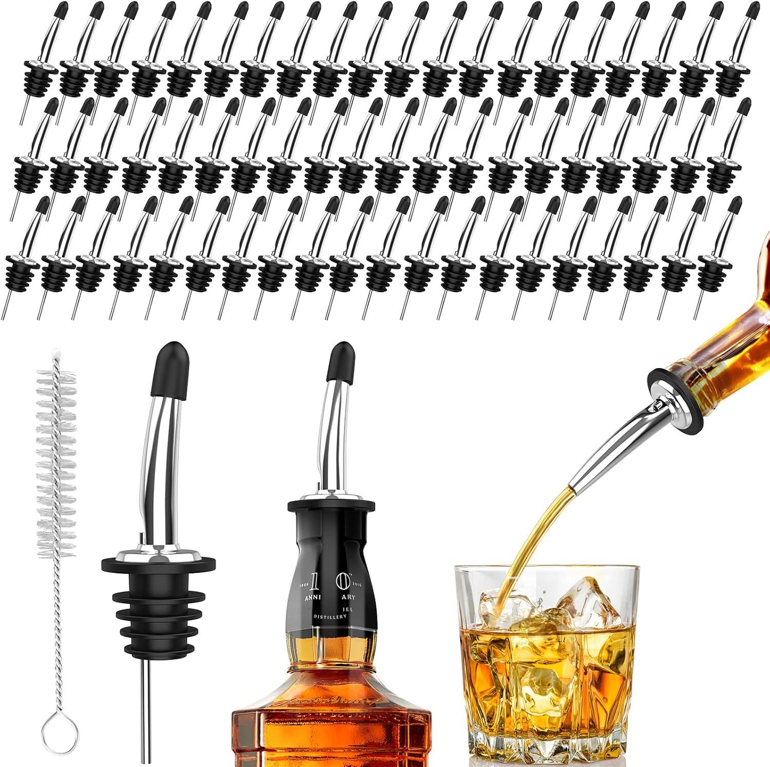 60-Pack Stainless Steel Pour Spouts for Liquor Bottles Oil Vinegar and