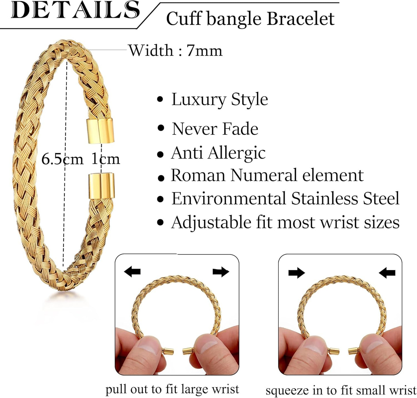 WFYOU 3PCS Stainless Steel Bracelets for Men Gold Roman Numeral Bangle