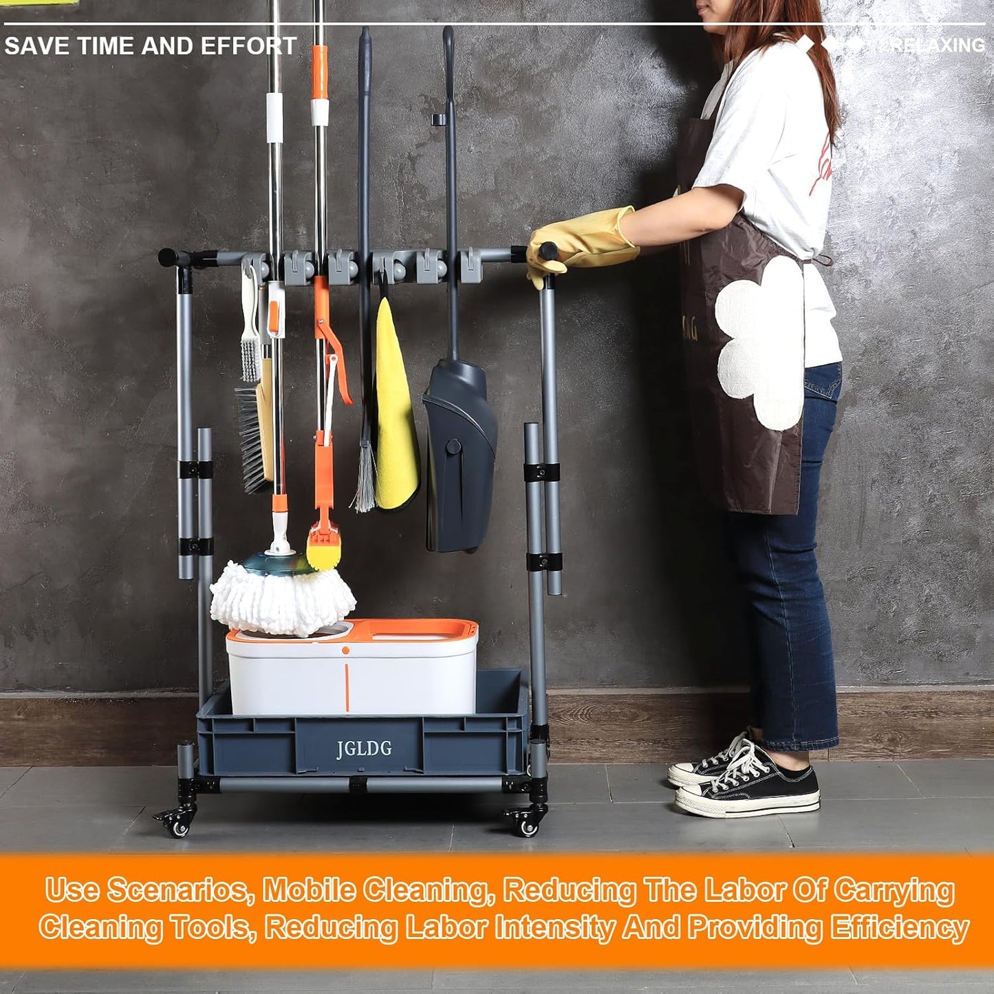 Freestanding Mobile Cleaning Tool Storage Rack, Mop and Broom Holder (