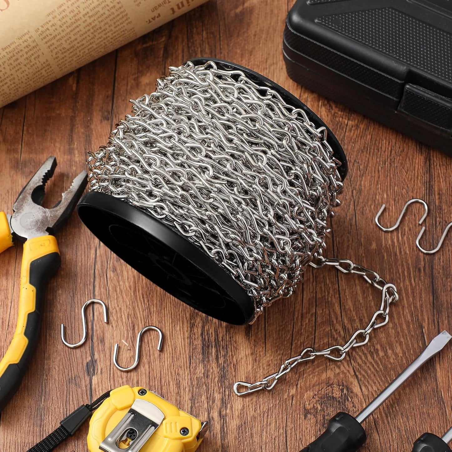 50ft Silver Jack Chain with 10 Pcs S Hooks Galvanized Steel Twist Chain with Spool-weldless for Hanging Fixture, Bird Feeders, Overhead Lights, Artworks, Flowerpots(2mm)