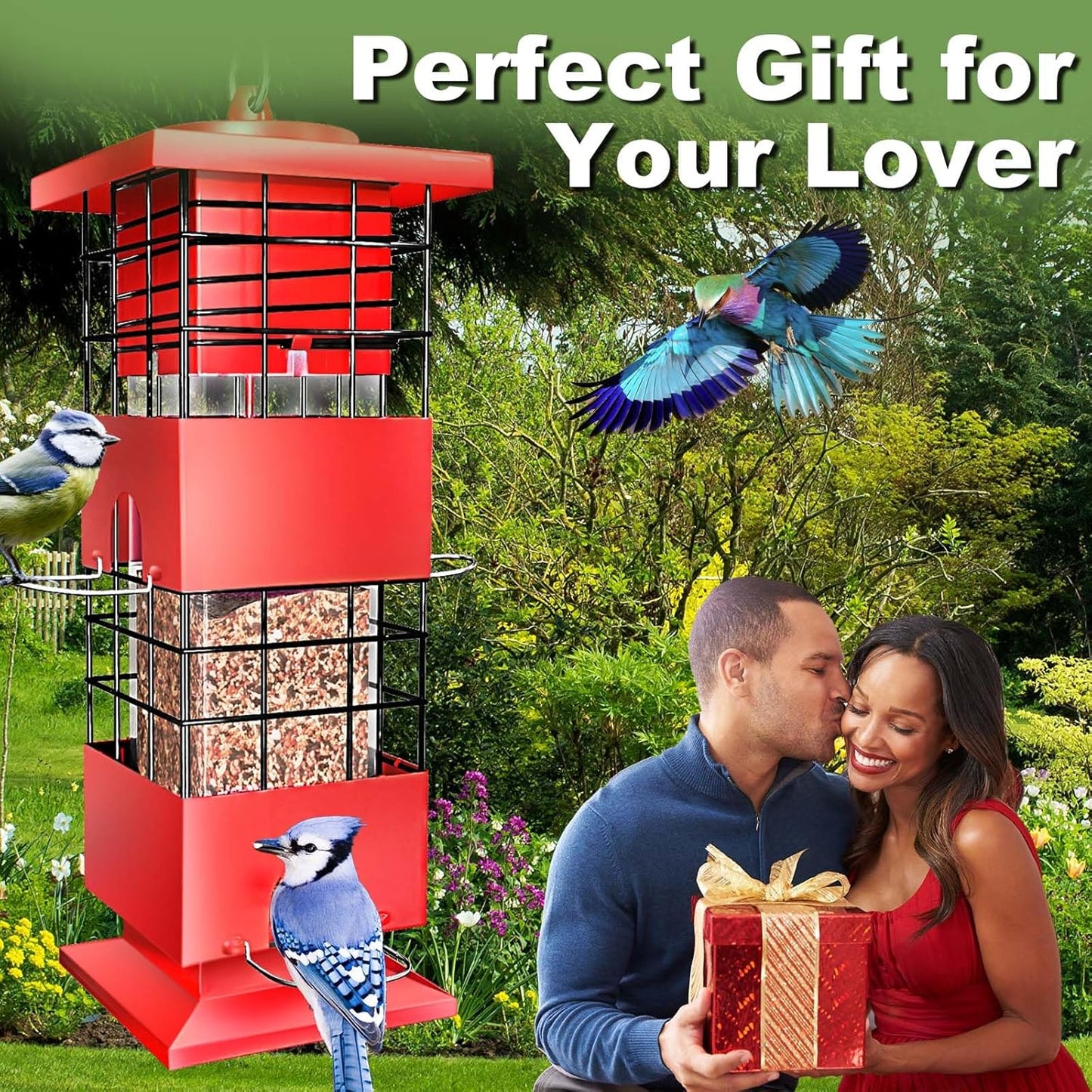 Squirrel Proof Bird Feeder,3Lbs Bird Feeders for Outdoors Hanging, Metal Birds Feeder with 4 Feeding Ports, Wild Birds Feeder for Cardinal, Finch, Sparrow (Red)