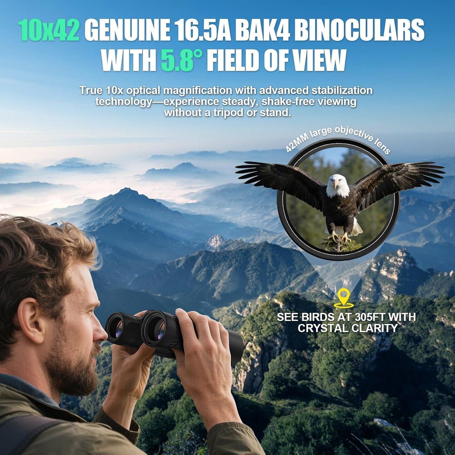 10x42 Binoculars with BAK4 Prism & FMC Coating - Waterproof Bird Watching Binoculars for Adults, Clear Daylight Vision for Hiking, Travel, Sports Events & Wildlife Observation