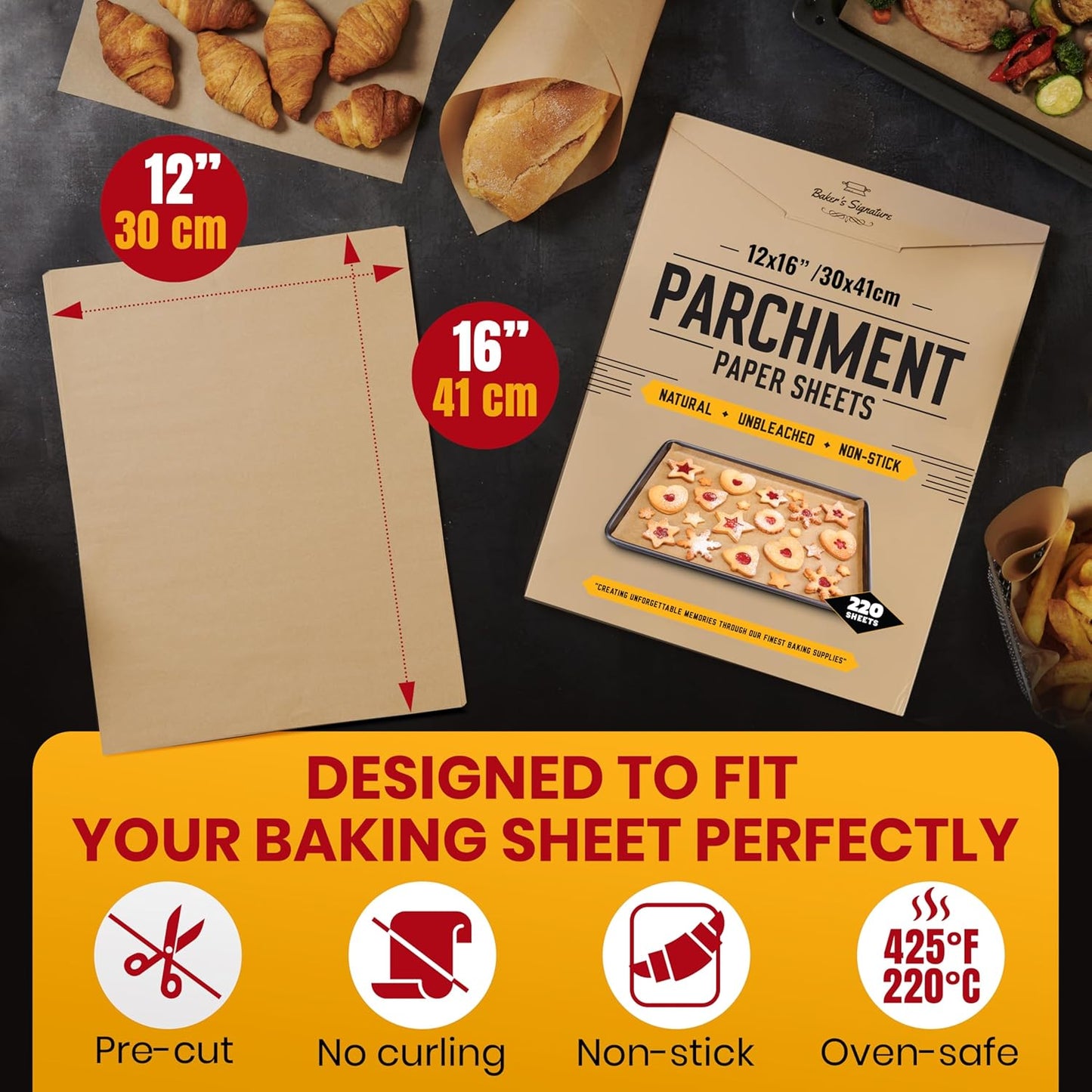 220 PCS Parchment Paper Baking Sheets, 12x16 Inches by Baker's Signatu