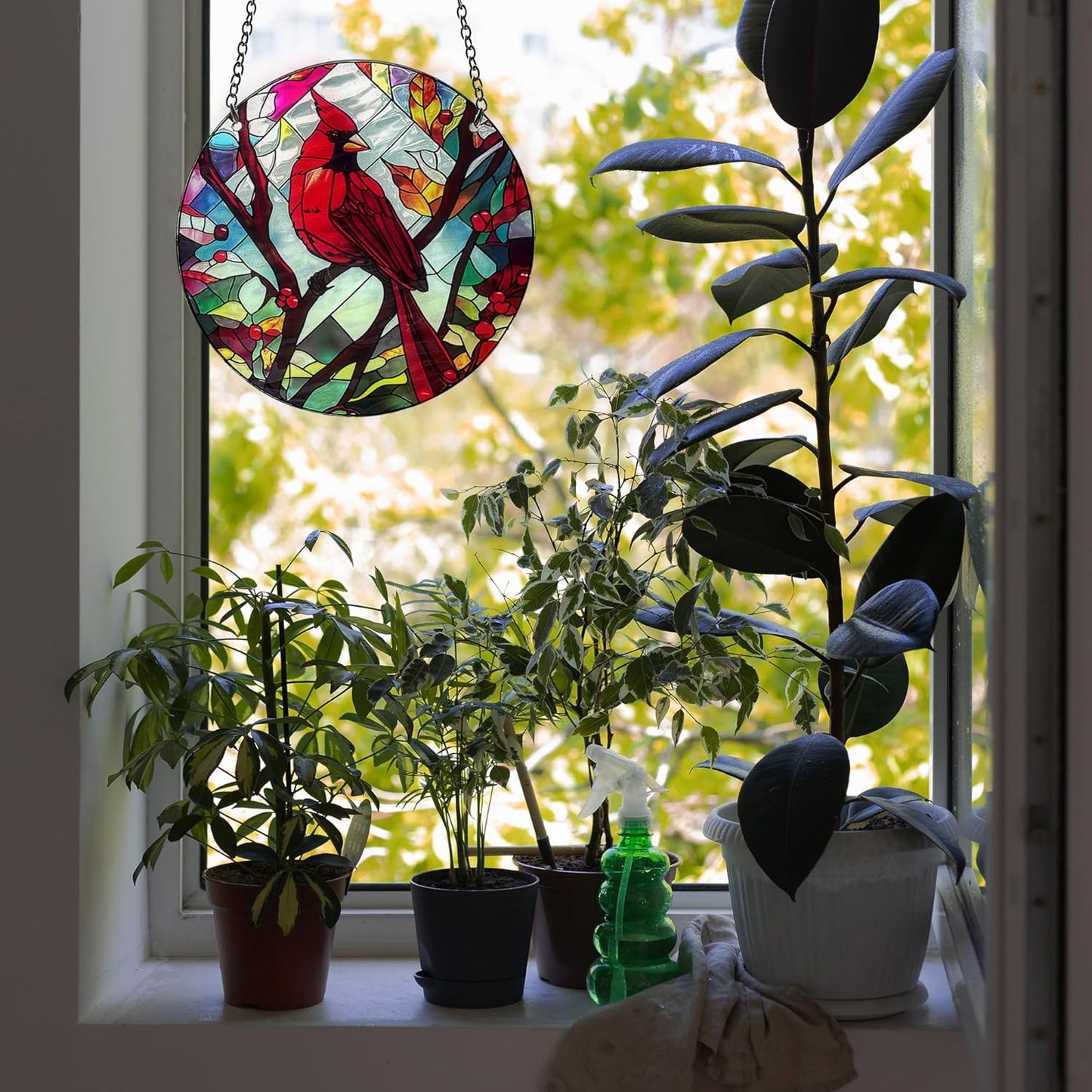 Red Bird Memorial Suncatcher, Memorial Panel Glass Stained Glass Indoor Window Art Wall Decor for Bird Lover.