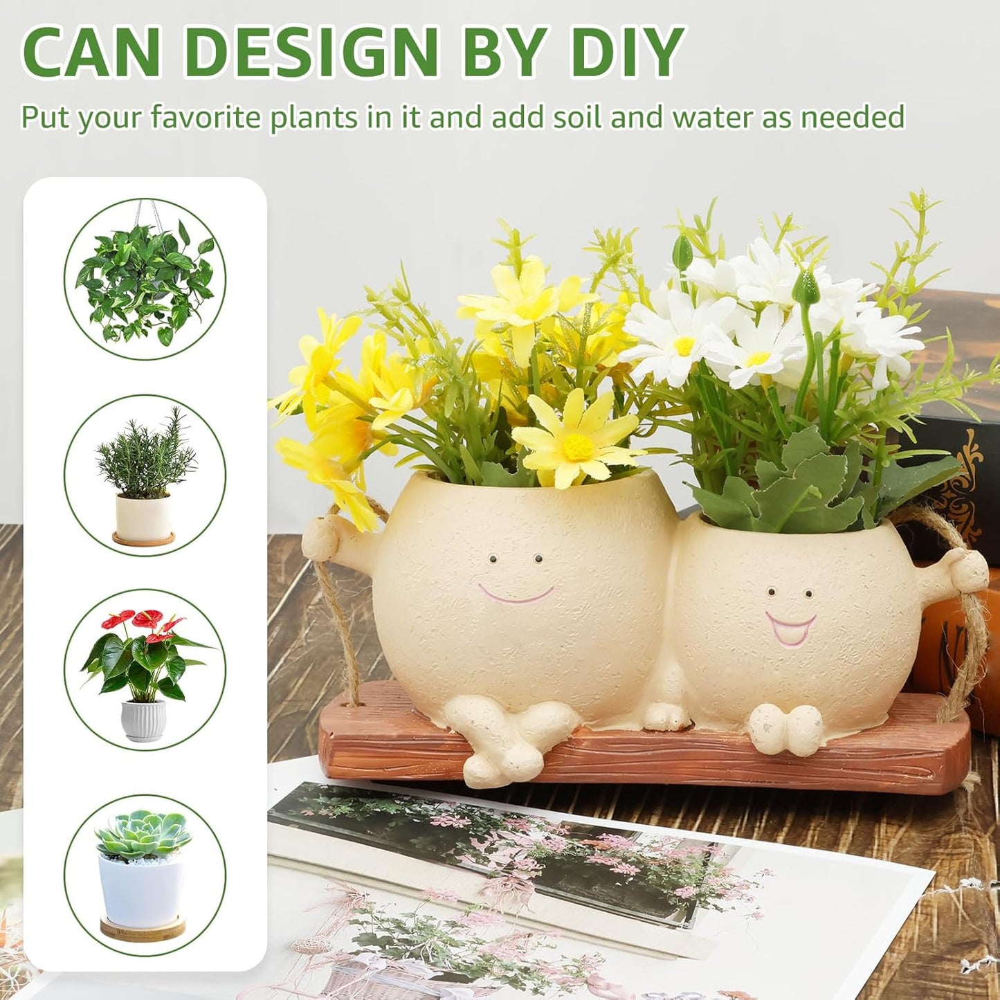 Face Flower Pot Small Swing Face Hanging Planter Pots Swinging Succulent Cute Hanging Flower Pot Resin Head Planter for String Indoor Outdoor Plants Lovers Birthday