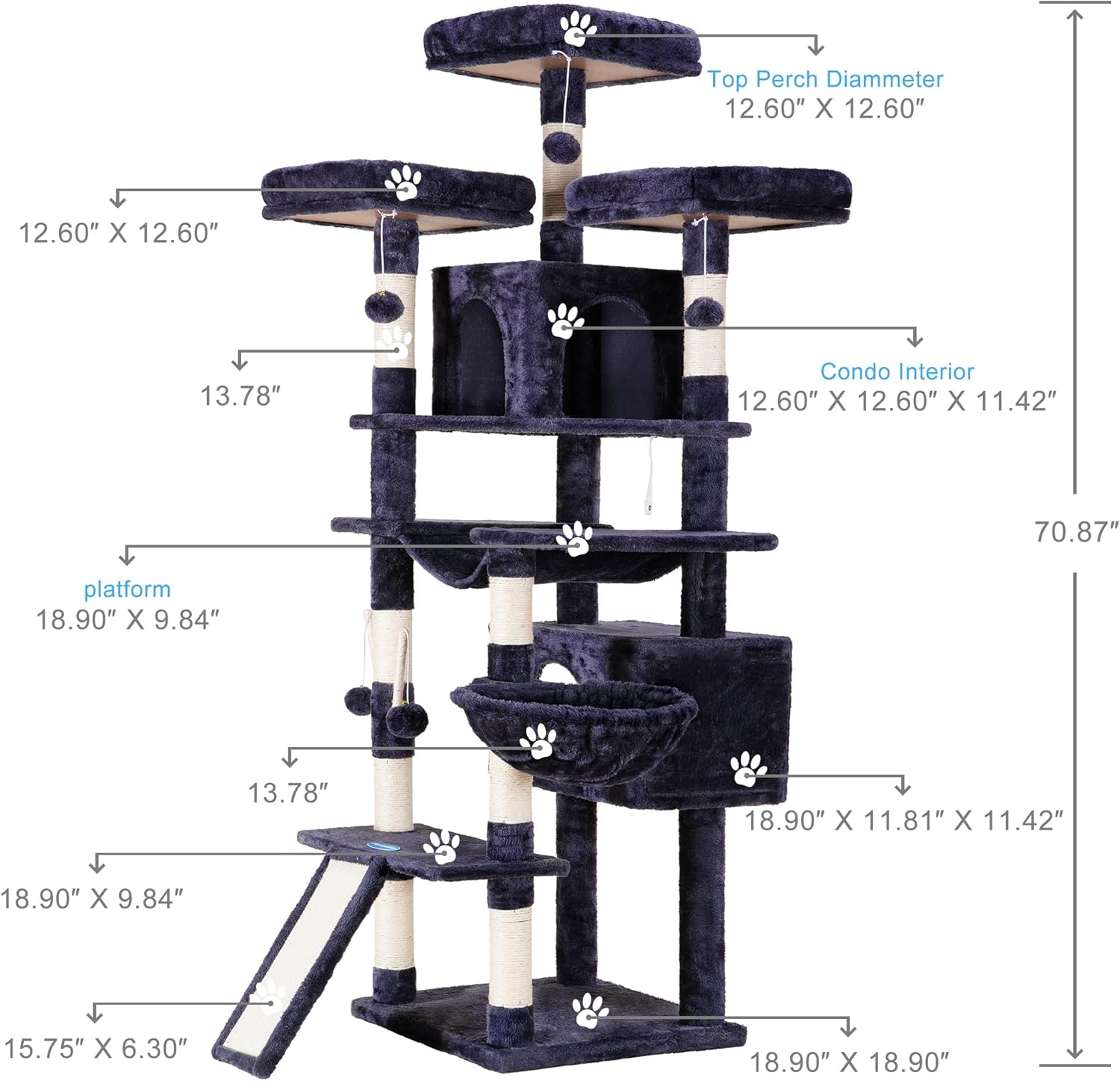 Hey-brother Cat Tree, 71 inches XL Large Cat Tower for Indoor Cats, Mu