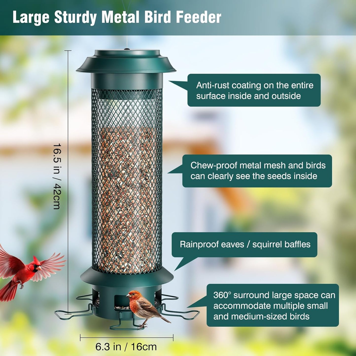 Large Squirrel-Proof Bird Feeder with Removable Tray, Weight-Activated Outer Cage, 5 Perches, 4 lb Capacity, Easy to Fill & Spill-Proof, Tube Bird Feeder for Outdoor Cardinals, Finches